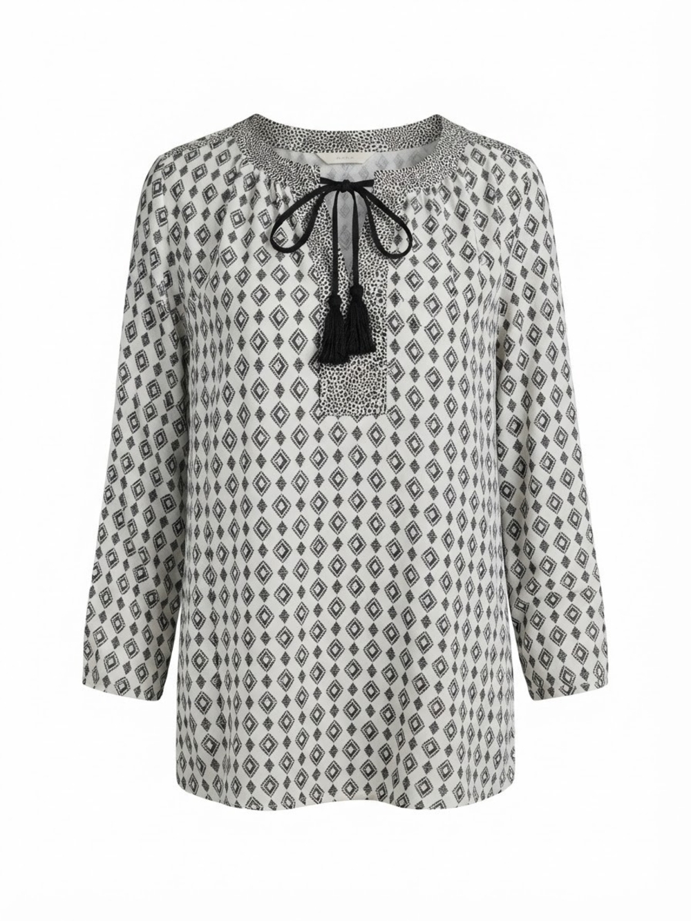 DR2 Black and White Geometric Tie-Neck Blouse